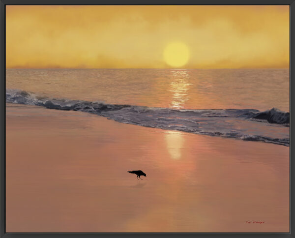 Bird On the Beach canvas in black floating frame.