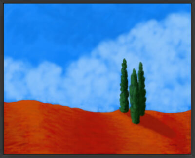 Fall colored hill with 3 cedar trees.